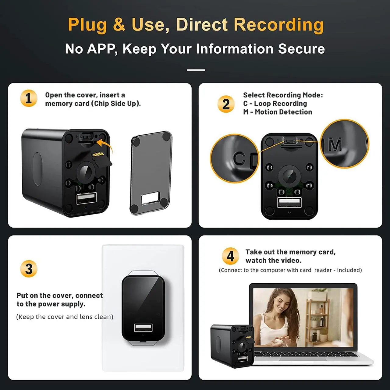 Alt view image 6 of 7 - Real 1080P Full Hidden Camera Charger, KINGDANS Night Vision Spy Camera Hidden Camera, Motion Detection Spy Cam, IR-Cut Nanny Cam Hidden Camera, 160° Wide Angle No WiFi Hidden Spy Security Camera