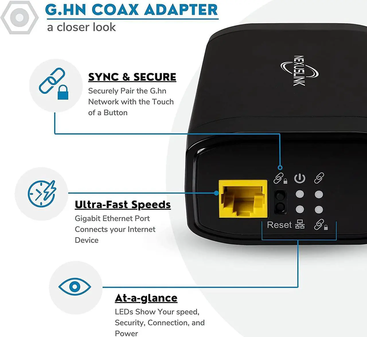Alt view image 5 of 7 - Nexuslink G.hn Ethernet Over Coax Adapter | 2000 Mbps, Fast and Secure Network Performance, Online Gaming and Streaming in Hard-to-Reach Locations, 2 Units (GCA-2000-KIT)