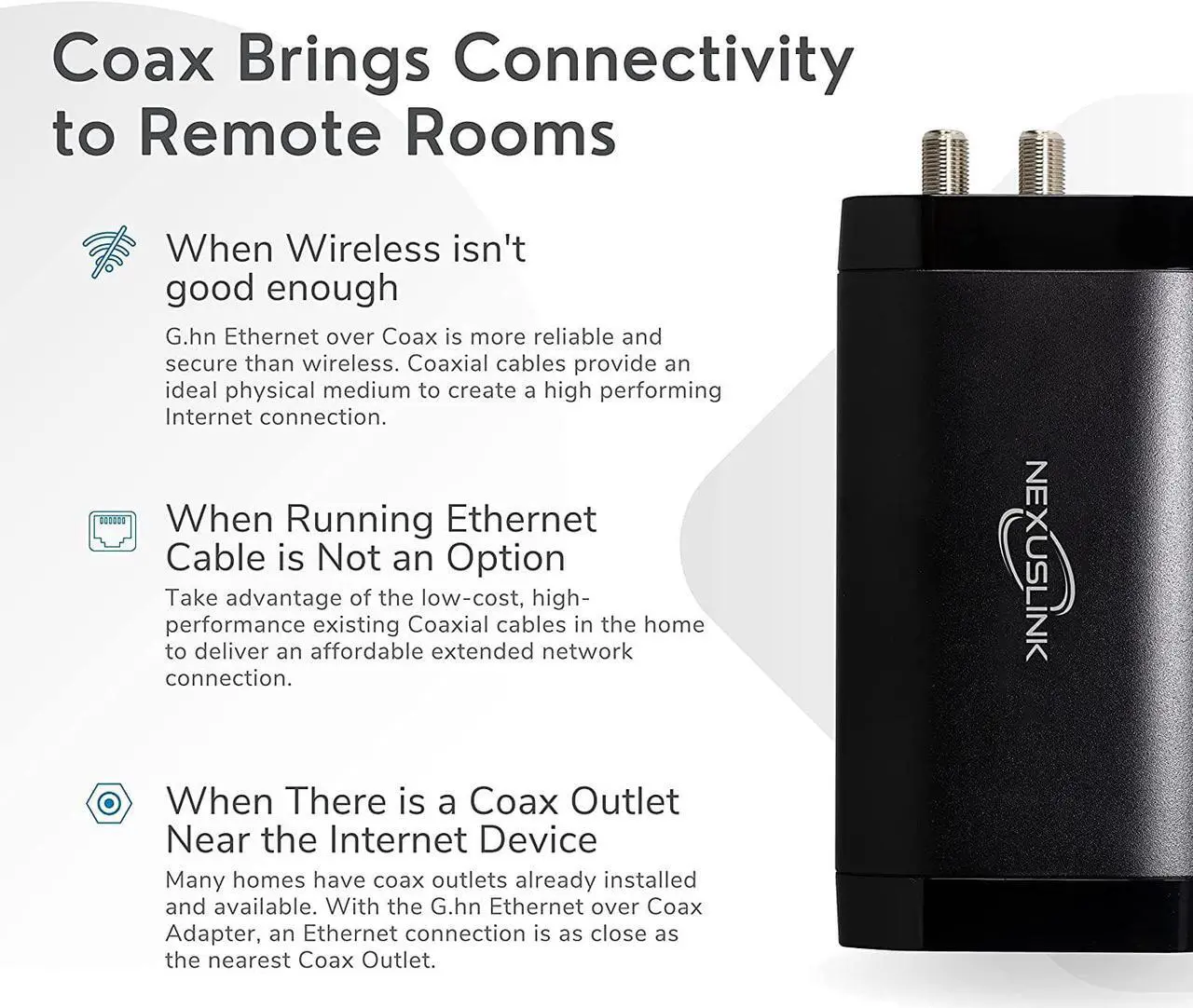 Alt view image 7 of 7 - Nexuslink G.hn Ethernet Over Coax Adapter | 2000 Mbps, Fast and Secure Network Performance, Online Gaming and Streaming in Hard-to-Reach Locations, 2 Units (GCA-2000-KIT)