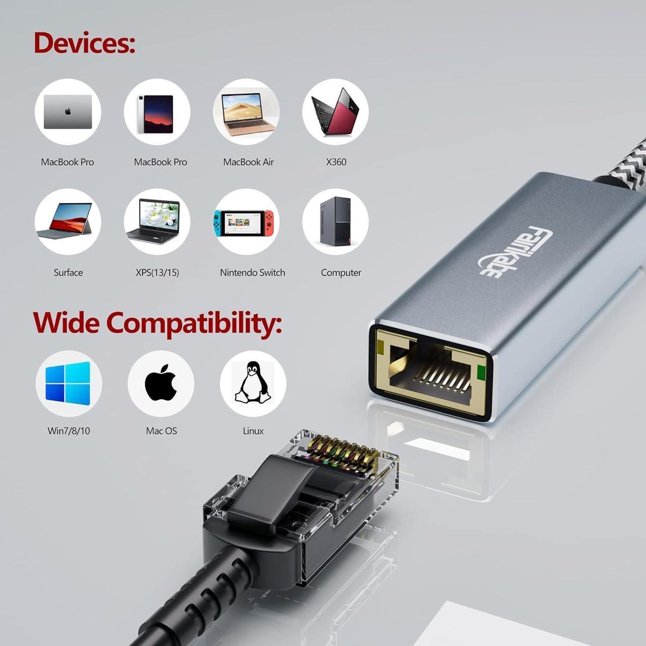 Alt view image 4 of 7 - USB C to Gigabit Ethernet Adapter, RJ45 Type C Ethernet Converter, USB-C LAN Card NIC Adapter Supports Thunderbolt 3/4 for iPhone 15, Mac, MacBook Pro/Air, Laptop