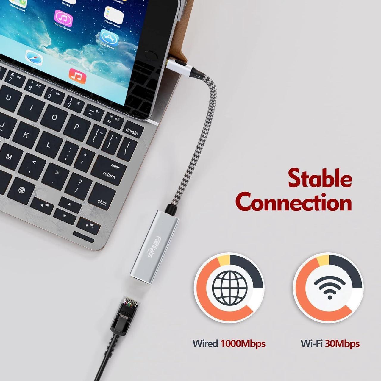 Alt view image 2 of 7 - USB C to Gigabit Ethernet Adapter, RJ45 Type C Ethernet Converter, USB-C LAN Card NIC Adapter Supports Thunderbolt 3/4 for iPhone 15, Mac, MacBook Pro/Air, Laptop