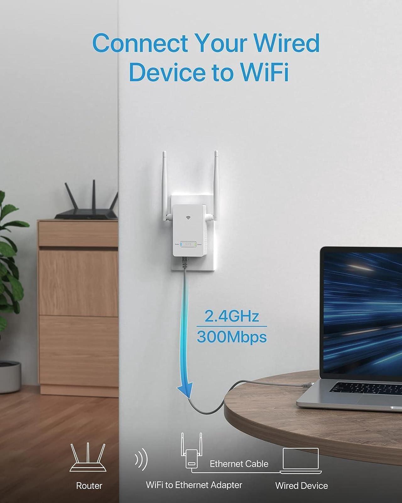 Alt view image 2 of 7 - Universal WiFi to Ethernet Adapter 300Mbps on 2.4GHz WiFi to Wired Converter Wireless Bridge with RJ45 Port for Printer Smart TV Blu-Ray Player etc Connect a Wired Device to Wi-Fi