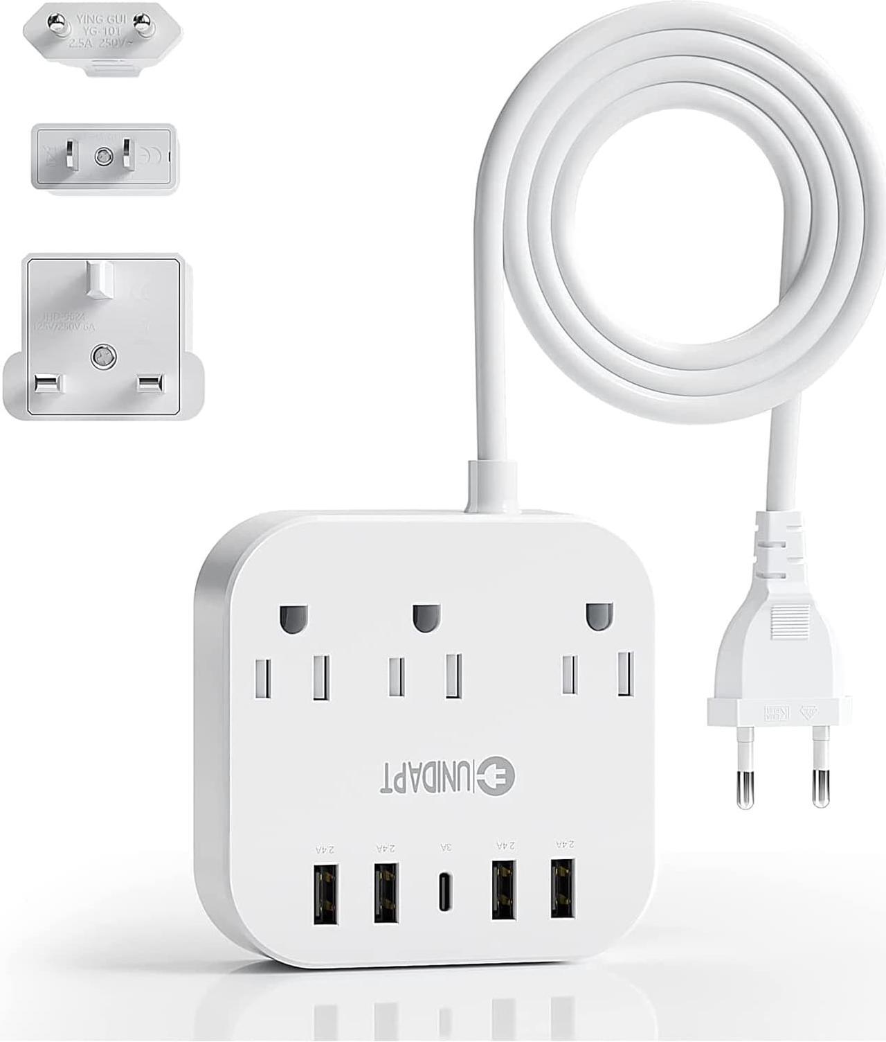 Main image of European Plug Adapter US to UK Europe Power Strip for EU/UK/US with USB C and 4 USB Ports 3 AC Outlets Wall Mountable 5ft Extension Cord for Travel Cruise Ship Home