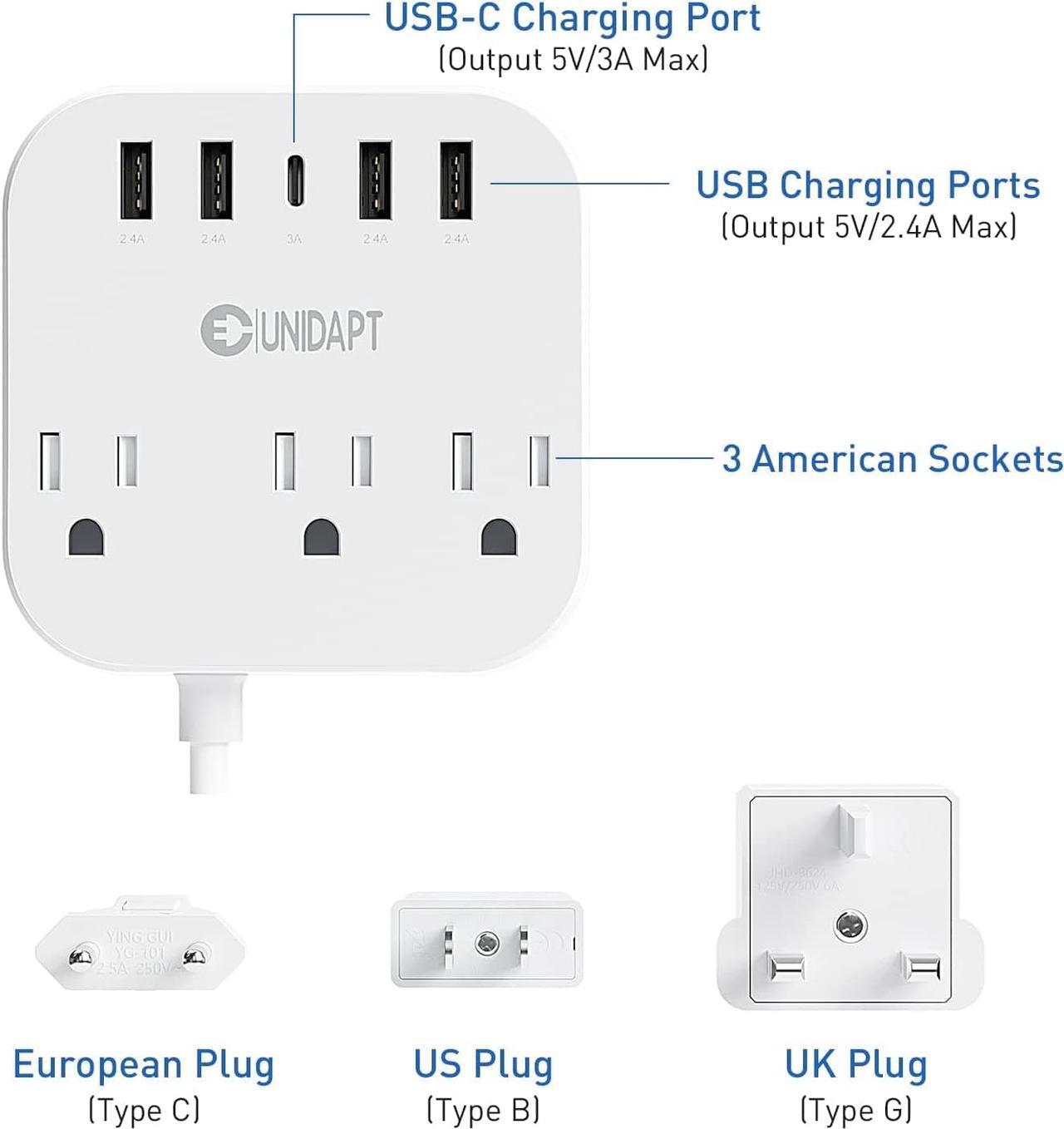 Alt view image 2 of 6 - European Plug Adapter US to UK Europe Power Strip for EU/UK/US with USB C and 4 USB Ports 3 AC Outlets Wall Mountable 5ft Extension Cord for Travel Cruise Ship Home