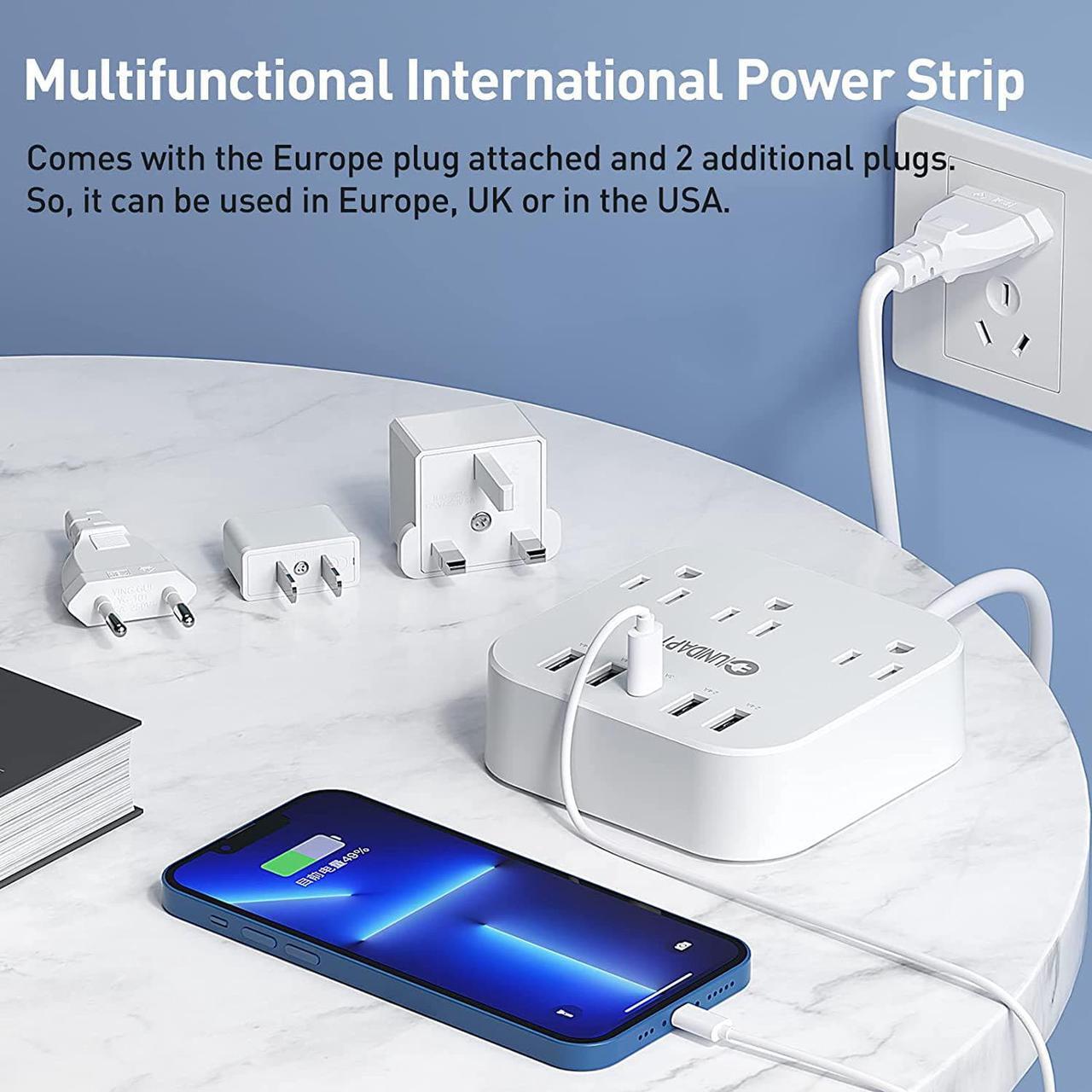 Alt view image 4 of 6 - European Plug Adapter US to UK Europe Power Strip for EU/UK/US with USB C and 4 USB Ports 3 AC Outlets Wall Mountable 5ft Extension Cord for Travel Cruise Ship Home