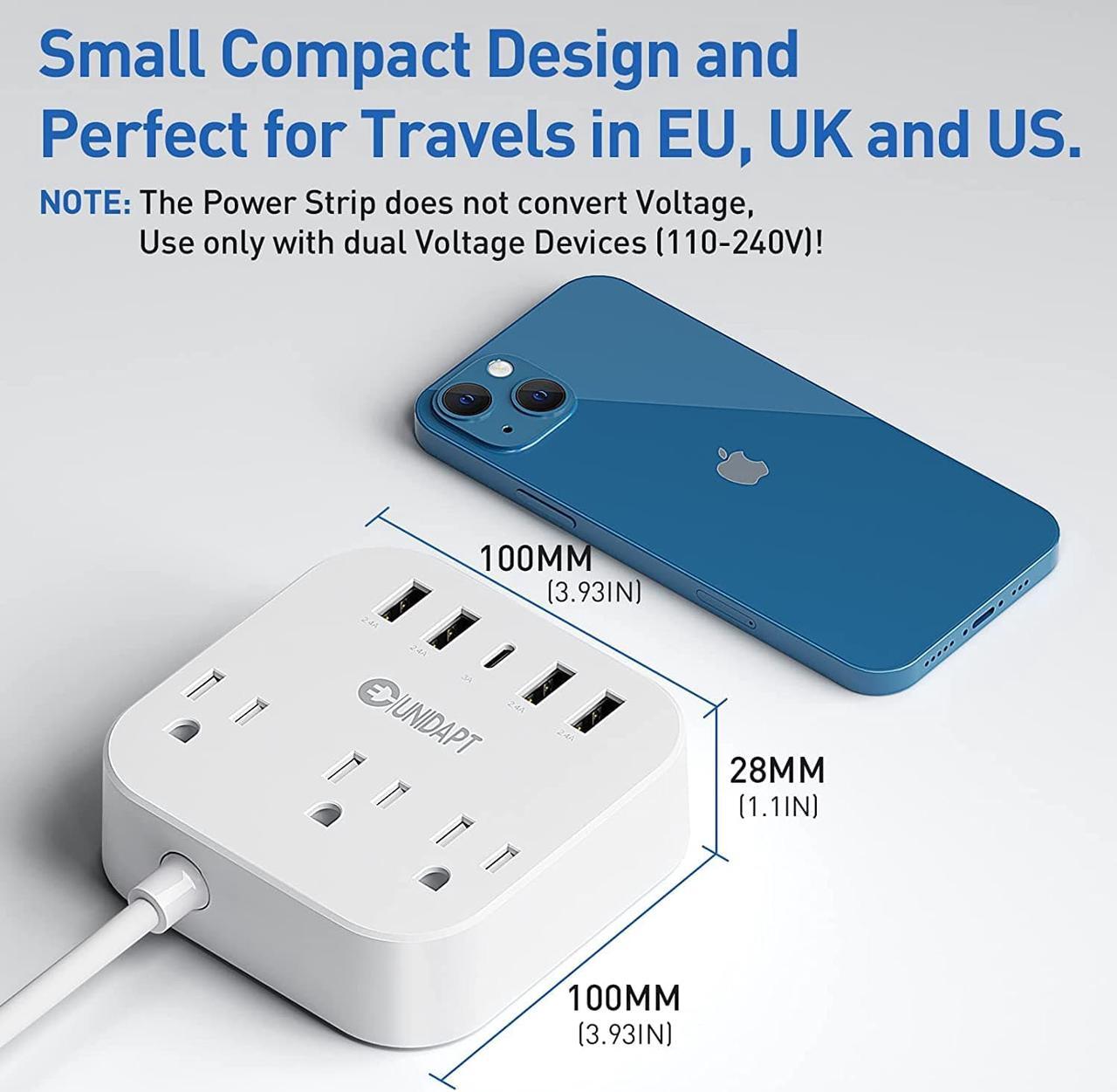 Alt view image 3 of 6 - European Plug Adapter US to UK Europe Power Strip for EU/UK/US with USB C and 4 USB Ports 3 AC Outlets Wall Mountable 5ft Extension Cord for Travel Cruise Ship Home