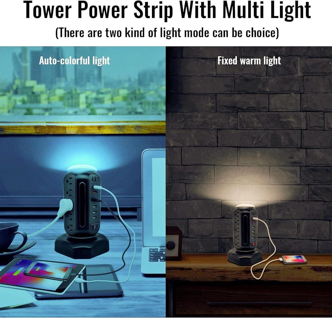 Alt view image 2 of 7 - Power Strip Tower with Colorful Nightlight, 15 AC Outlets and 6 Fasting USB Ports, Retractable Extension Cord with Multiple Outlets, 900 J Surge Protector with Right Flat Plug (Black)