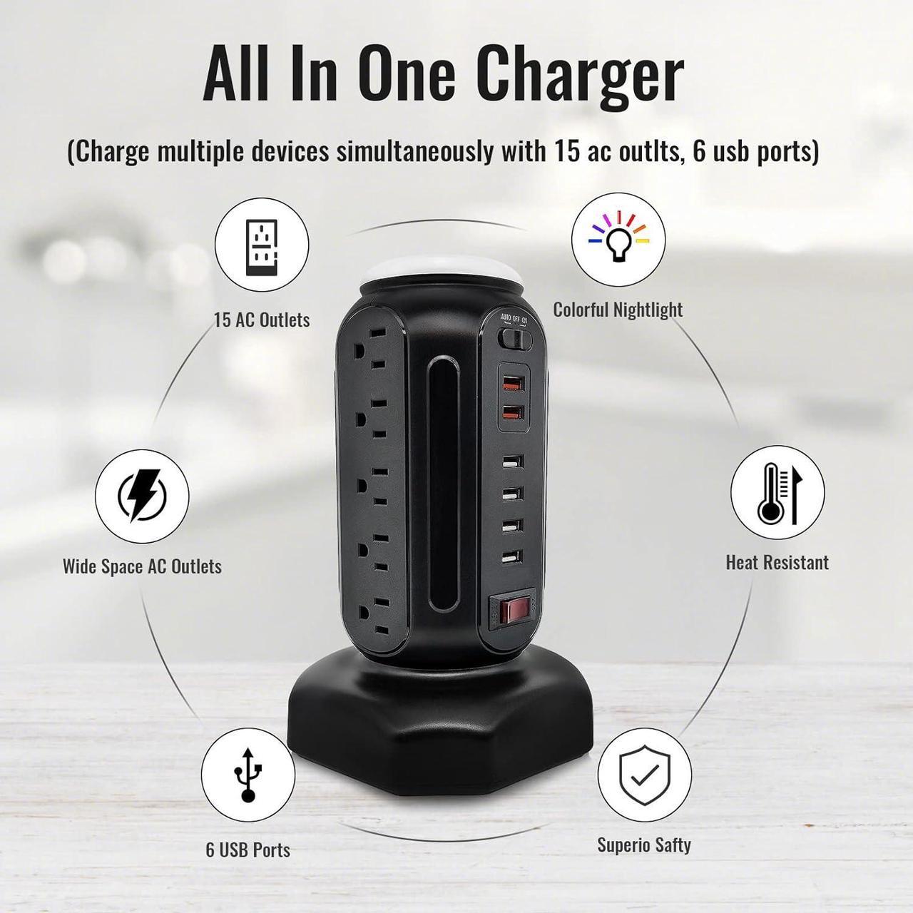 Alt view image 3 of 7 - Power Strip Tower with Colorful Nightlight, 15 AC Outlets and 6 Fasting USB Ports, Retractable Extension Cord with Multiple Outlets, 900 J Surge Protector with Right Flat Plug (Black)