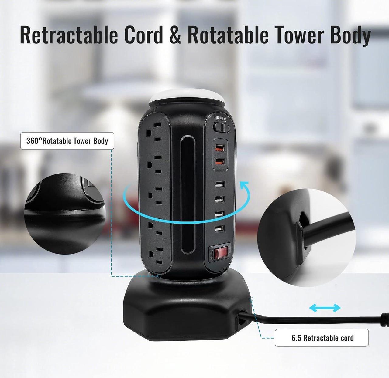 Alt view image 4 of 7 - Power Strip Tower with Colorful Nightlight, 15 AC Outlets and 6 Fasting USB Ports, Retractable Extension Cord with Multiple Outlets, 900 J Surge Protector with Right Flat Plug (Black)