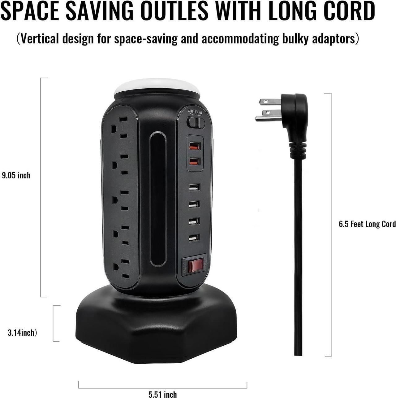 Alt view image 7 of 7 - Power Strip Tower with Colorful Nightlight, 15 AC Outlets and 6 Fasting USB Ports, Retractable Extension Cord with Multiple Outlets, 900 J Surge Protector with Right Flat Plug (Black)