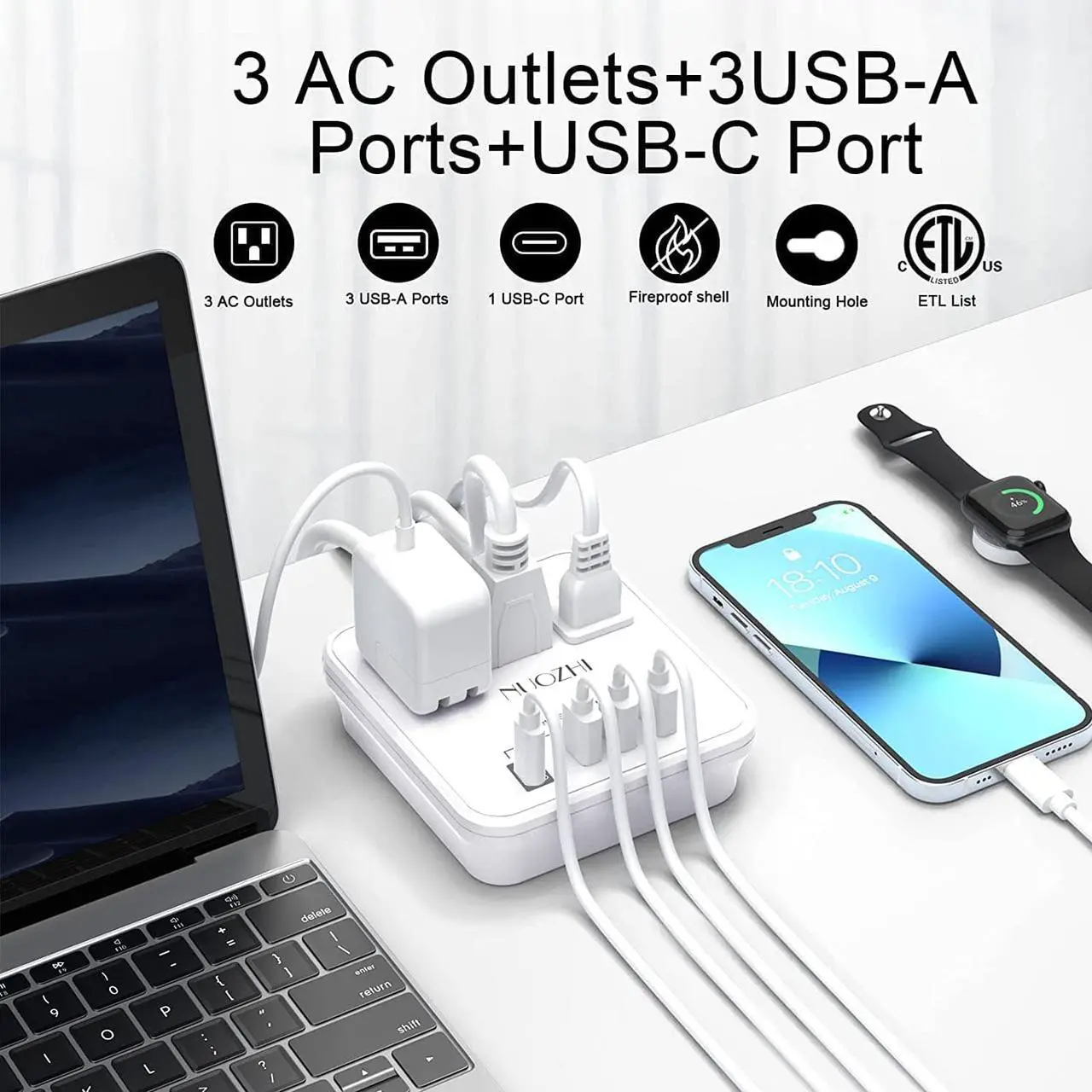 Alt view image 2 of 7 - Cruise Essentials,6 Ft Power Strip with 3 Outlets and 4 USB Ports(1 USB C), Non Surge Protector for Cruise Ship, Travel, Home Office, ETL Listed, White