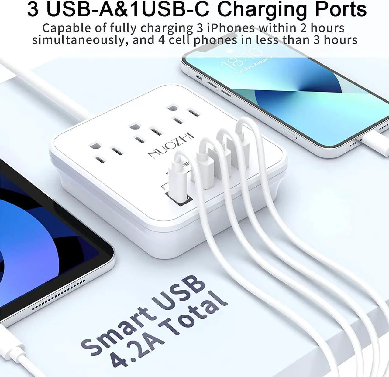 Alt view image 4 of 7 - Cruise Essentials,6 Ft Power Strip with 3 Outlets and 4 USB Ports(1 USB C), Non Surge Protector for Cruise Ship, Travel, Home Office, ETL Listed, White