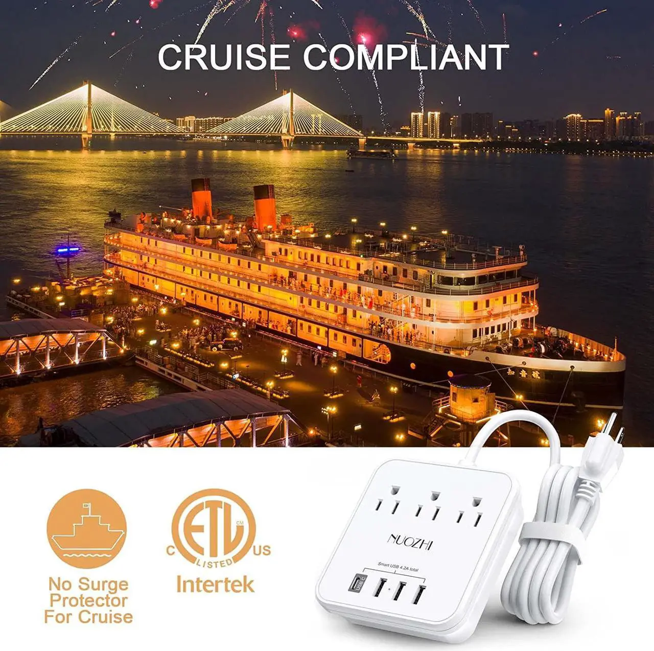 Alt view image 6 of 7 - Cruise Essentials,6 Ft Power Strip with 3 Outlets and 4 USB Ports(1 USB C), Non Surge Protector for Cruise Ship, Travel, Home Office, ETL Listed, White