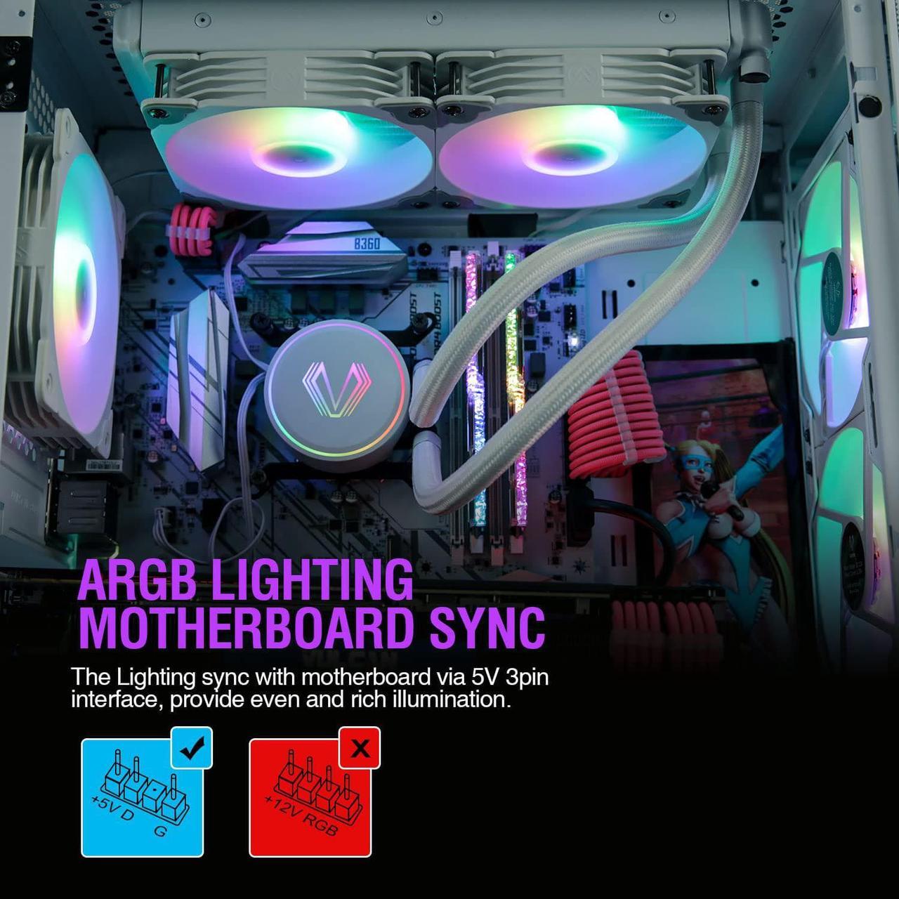 Alt view image 5 of 7 - Vetroo V240 White Liquid CPU Cooler 240mm Addressable RGB & PWM Pump & Fans 250W TDP AIO Water Cooler w/Controller Hub for Intel LGA 1700/1200/115X AMD AM5/AM4 for Gaming Console