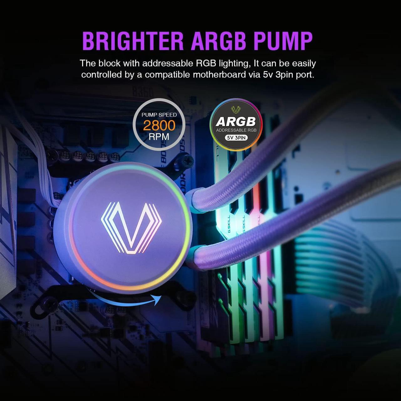 Alt view image 4 of 7 - Vetroo V240 White Liquid CPU Cooler 240mm Addressable RGB & PWM Pump & Fans 250W TDP AIO Water Cooler w/Controller Hub for Intel LGA 1700/1200/115X AMD AM5/AM4 for Gaming Console