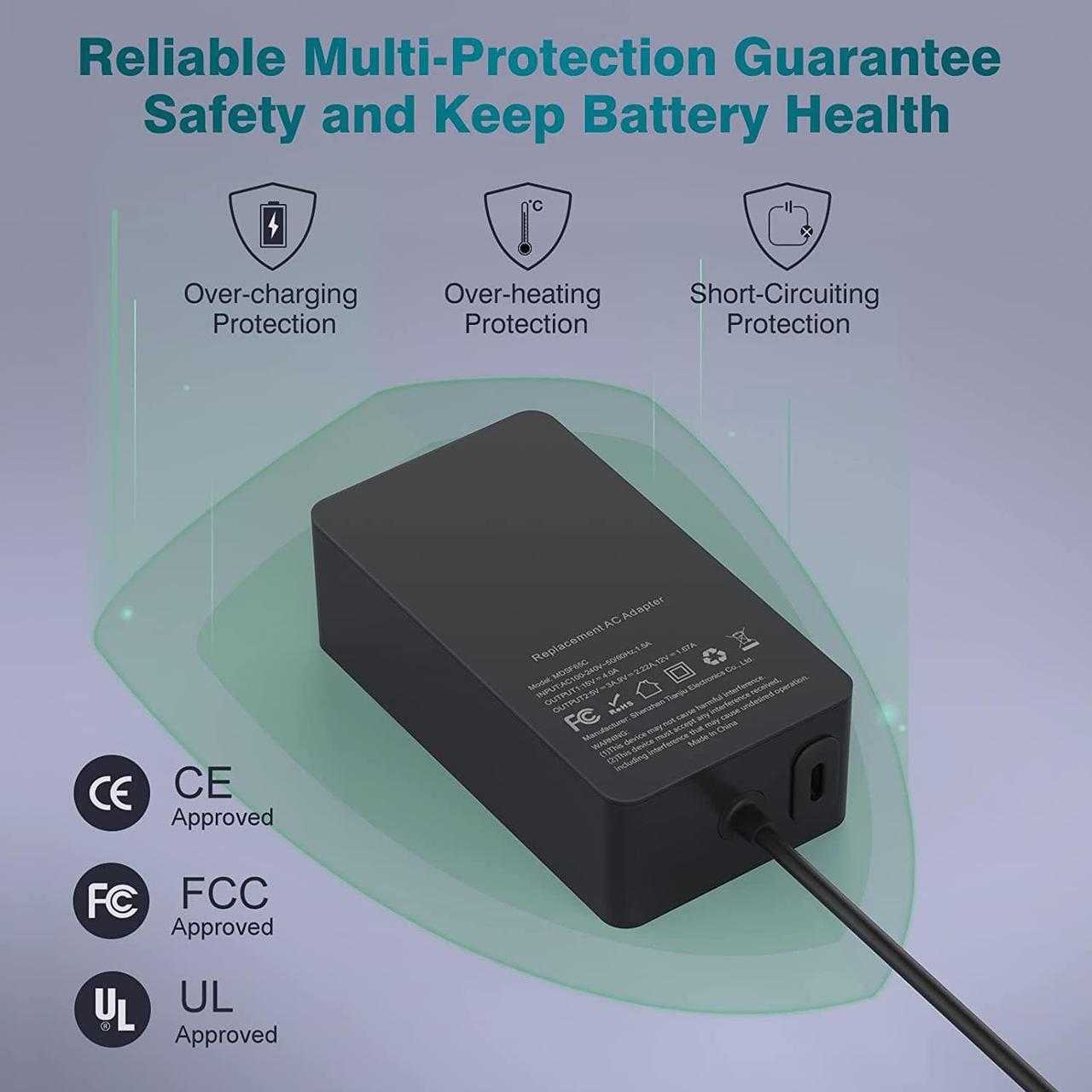 Alt view image 4 of 7 - Surface Pro Charger for Microsoft Surface Pro 10, 9, 8, 7+, 7, 6, 5, 4, X, Windows Surface Laptop 6, 5, 4, 3, Surface Go, Surface Book 3, 2, 1, 65W Surface Laptop Charger + 20W USB C, LED, 10FT