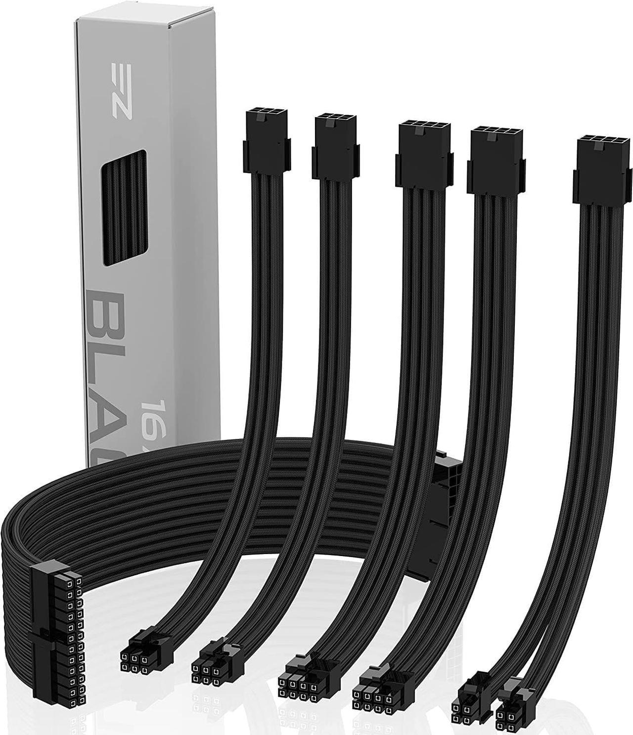 EZDIY-FAB PSU Cable Extension kit Sleeved Cable Custom Power Supply Sleeved Extension 16 AWG 24-PIN 8-PIN 6-PIN 4+4-PIN with Combs- Black