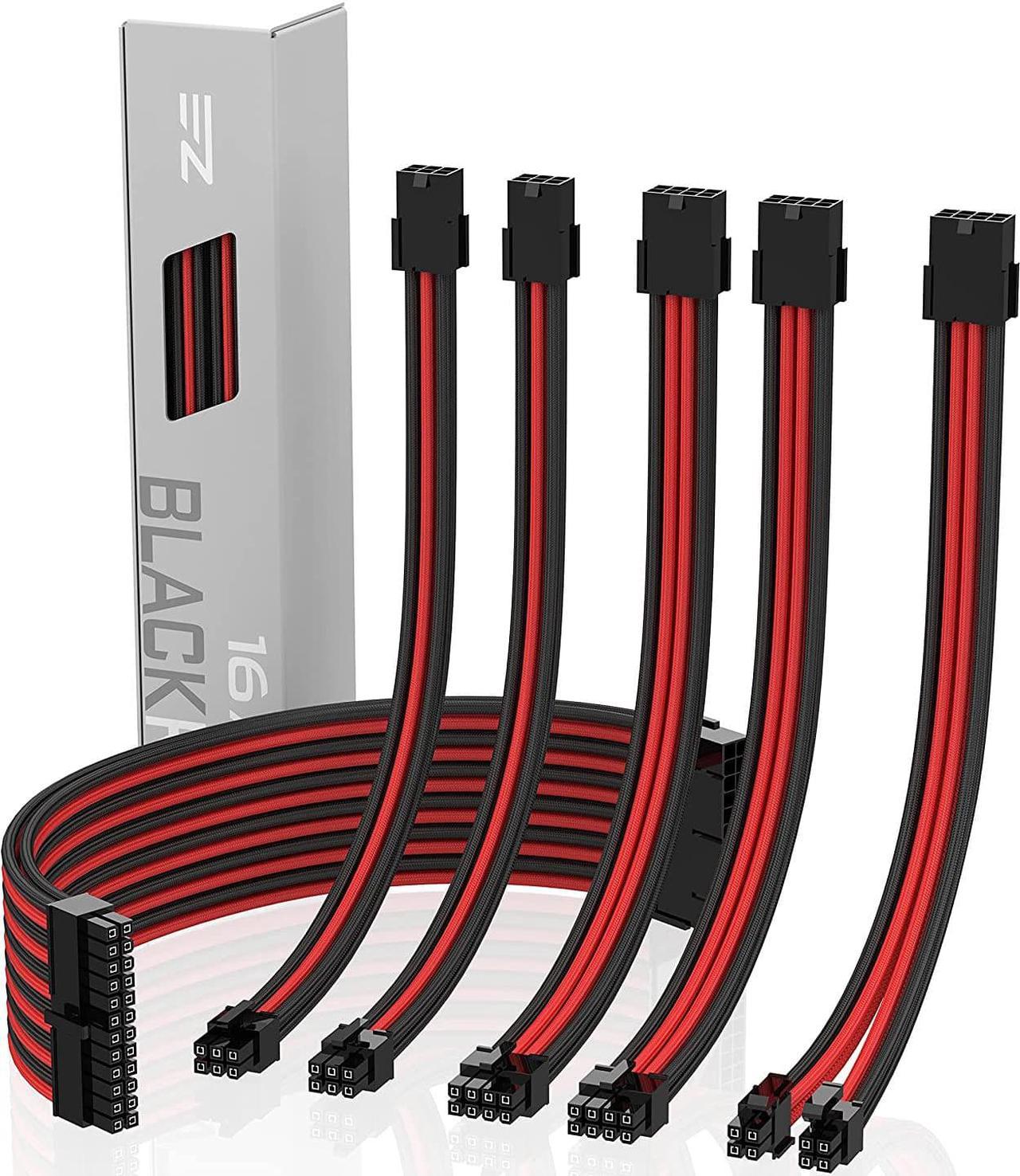 EZDIY-FAB PSU Cable Extension kit Sleeved Cable Custom Power Supply Sleeved Extension 16 AWG 24-PIN 8-PIN 6-PIN 4+4-PIN with Combs- Black/Red