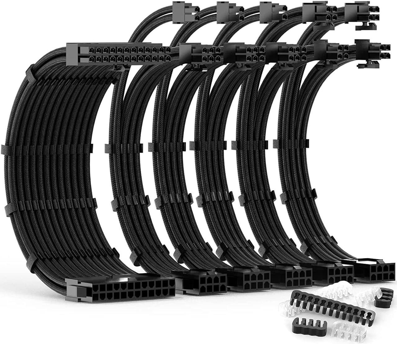 PSU Cable Extension Kit 30CM Length with Two Sets of Cable Combs,1x24Pin/2x8Pin(4+4)/3x8Pin(6P+2P) PC Sleeved Cable for ATX Power Supply (Black), A-11