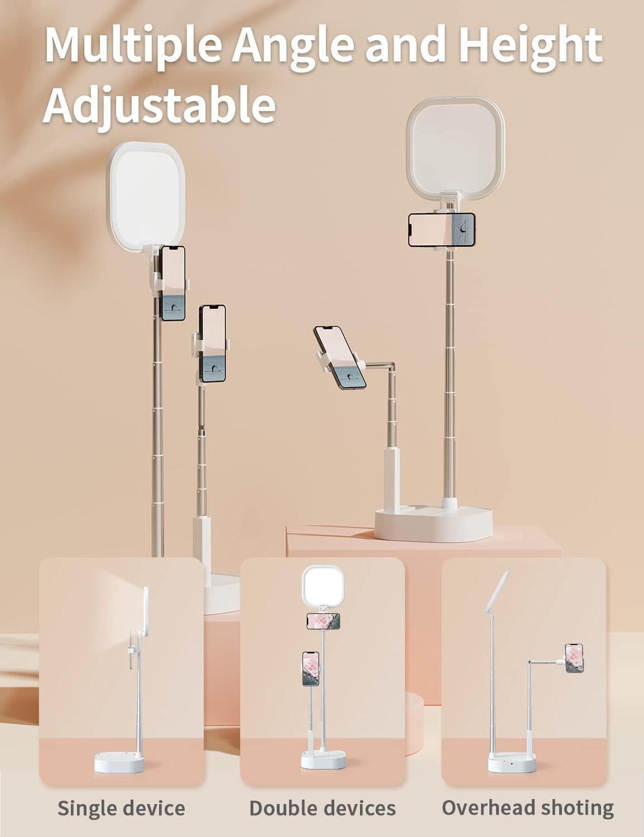 Alt view image 3 of 7 - Viozon Extendable Selfie Stand,Height&Angle Adjustable,Overhead 360° Rotate,2 Phone Holders,Rechargeable Wireless Foldable 15 Brightness LED Light for Live Streaming/YouTube/Tiktok/Video/Makeup
