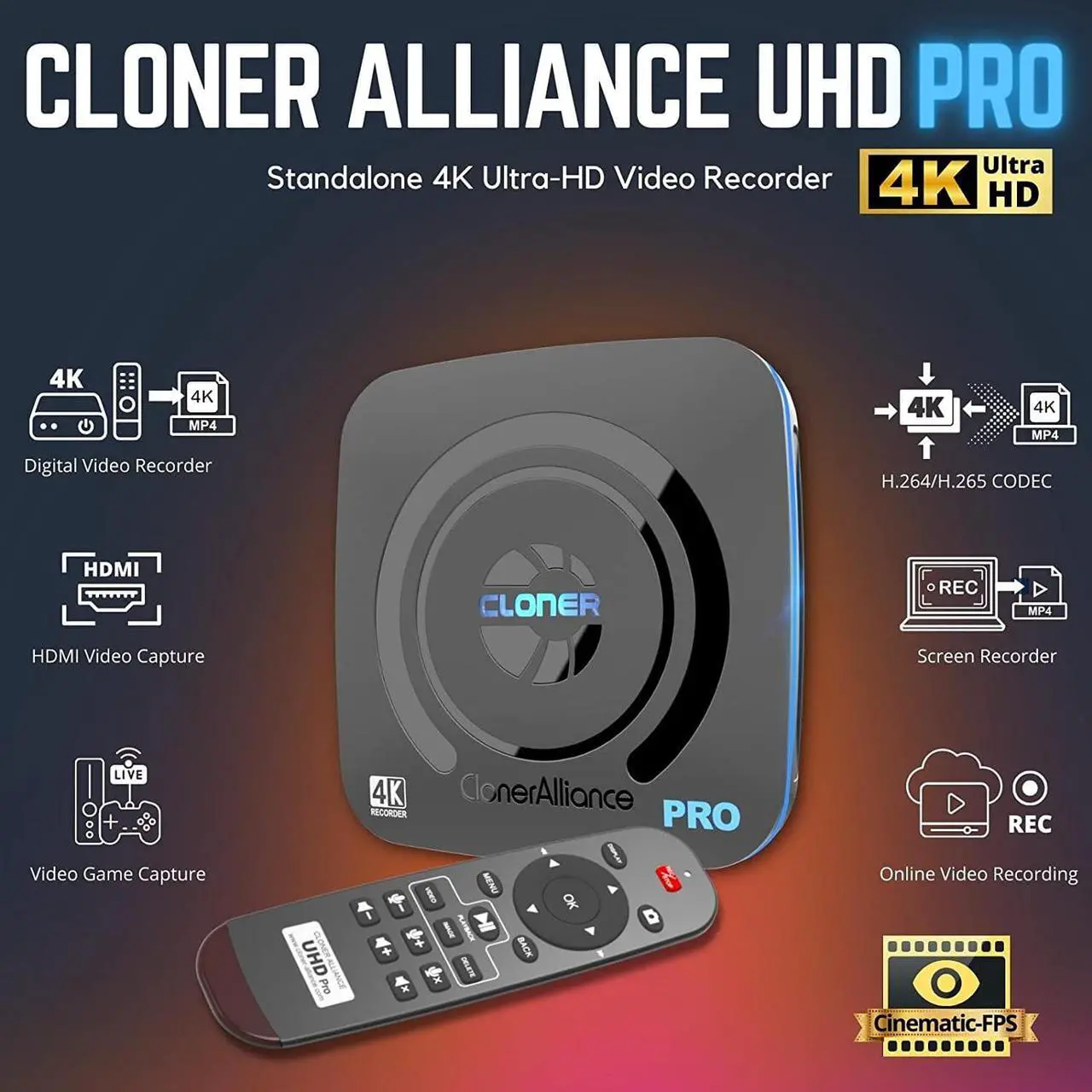 Alt view image 2 of 7 - ClonerAlliance UHD Pro, 4K Video Recorder, HDMI Capture DVR with H.265/H.264 Codec, Cinematic 4K@24fps Recording(Up to 4K@30fps), No PC Required.