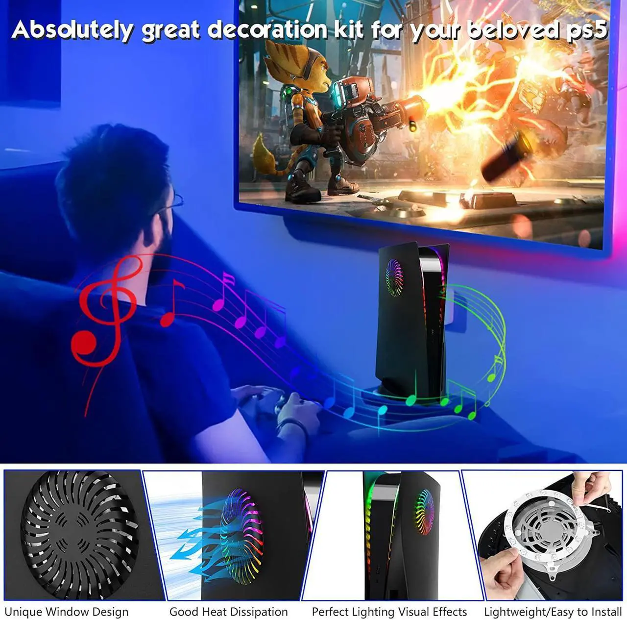 Alt view image 2 of 7 - PS5 Plates Playstation 5 Accessories, PS5 Cover Face Plates and RGB LED Light Strip, SIKEMAY Console Disc Version Skins with Fan Vents Dust Side Faceplate Shell Case, 8 Color 400+Effects Kit - Black
