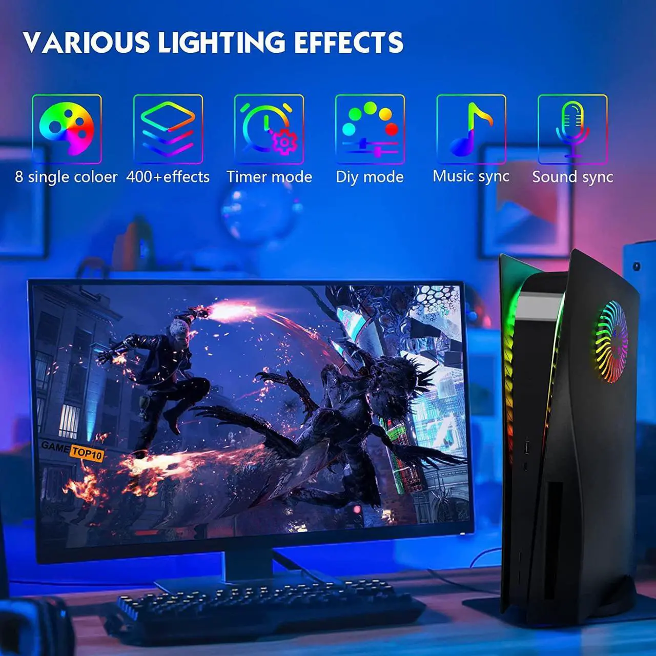 Alt view image 5 of 7 - PS5 Plates Playstation 5 Accessories, PS5 Cover Face Plates and RGB LED Light Strip, SIKEMAY Console Disc Version Skins with Fan Vents Dust Side Faceplate Shell Case, 8 Color 400+Effects Kit - Black