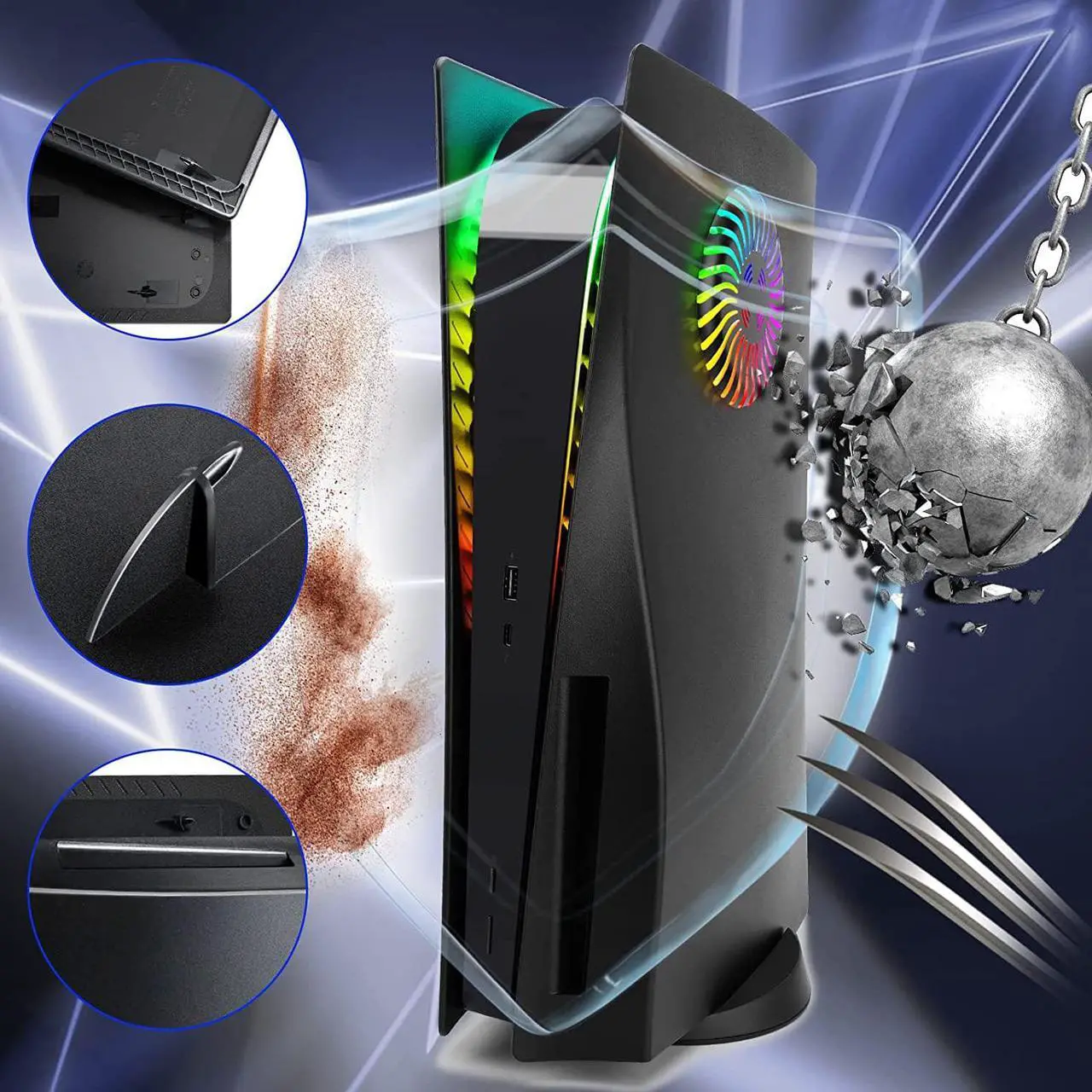 Alt view image 4 of 7 - PS5 Plates Playstation 5 Accessories, PS5 Cover Face Plates and RGB LED Light Strip, SIKEMAY Console Disc Version Skins with Fan Vents Dust Side Faceplate Shell Case, 8 Color 400+Effects Kit - Black