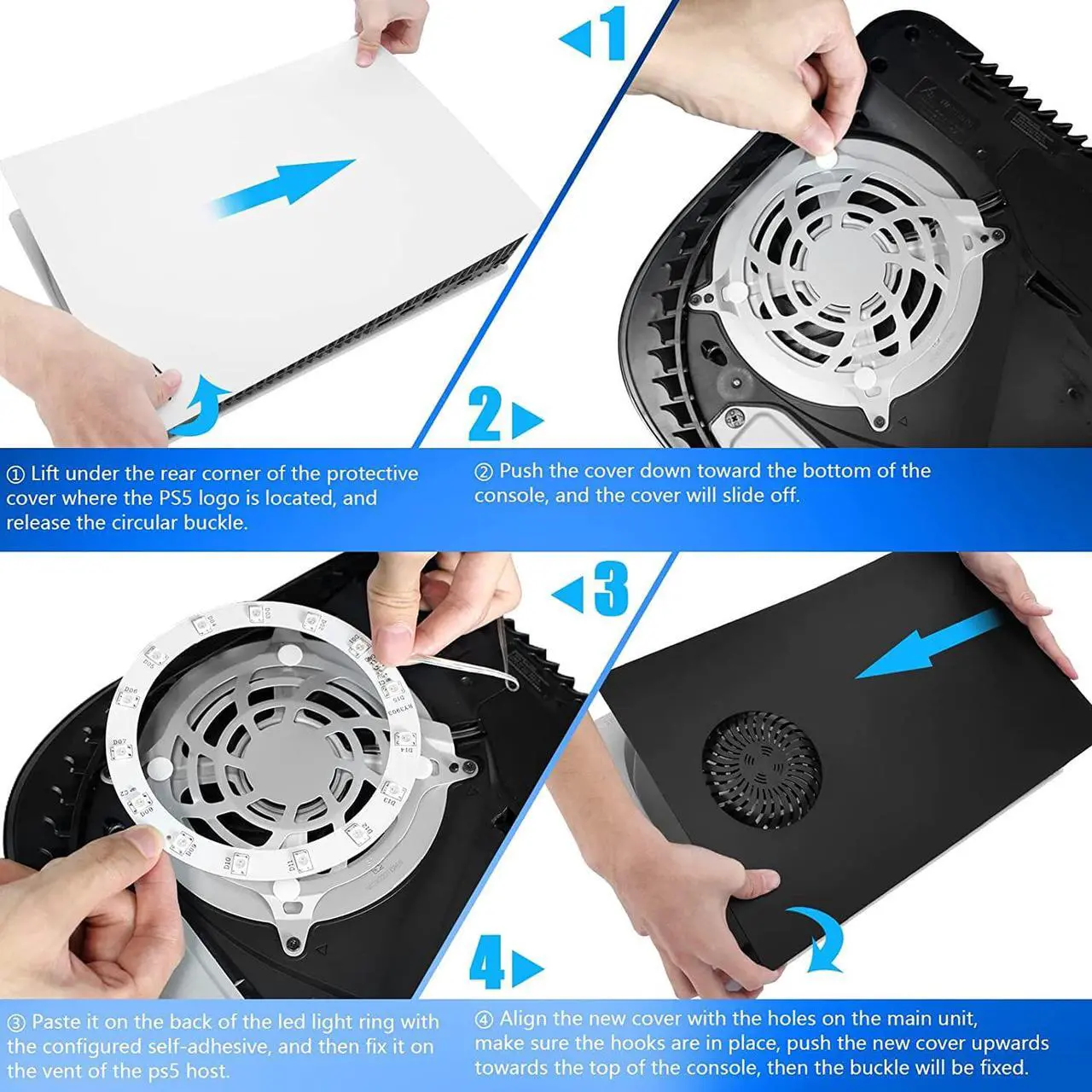 Alt view image 7 of 7 - PS5 Plates Playstation 5 Accessories, PS5 Cover Face Plates and RGB LED Light Strip, SIKEMAY Console Disc Version Skins with Fan Vents Dust Side Faceplate Shell Case, 8 Color 400+Effects Kit - Black