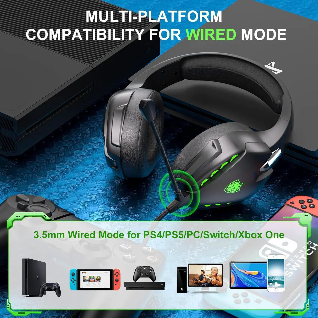 Alt view image 2 of 7 - PHOINIKAS PS5 Gaming Headset for PS4, PC, Switch, Q10 Xbox One Headset with Stereo Sound, Detachable Mic, Wireless Bluetooth 5.3 Headphone only for Laptop/Phone/Tablet, 20H Battery (Green)