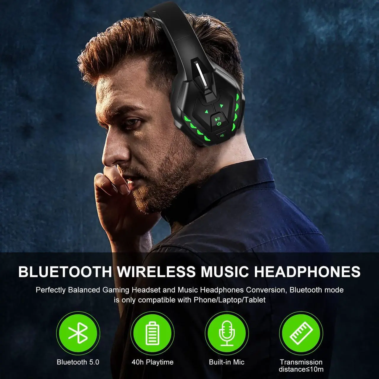 Alt view image 5 of 7 - PHOINIKAS PS5 Gaming Headset for PS4, PC, Switch, Q10 Xbox One Headset with Stereo Sound, Detachable Mic, Wireless Bluetooth 5.3 Headphone only for Laptop/Phone/Tablet, 20H Battery (Green)