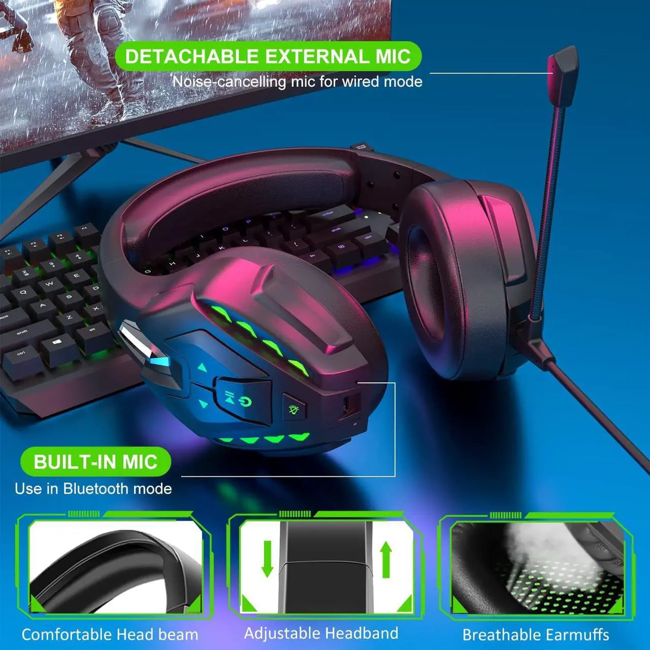 Alt view image 4 of 7 - PHOINIKAS PS5 Gaming Headset for PS4, PC, Switch, Q10 Xbox One Headset with Stereo Sound, Detachable Mic, Wireless Bluetooth 5.3 Headphone only for Laptop/Phone/Tablet, 20H Battery (Green)