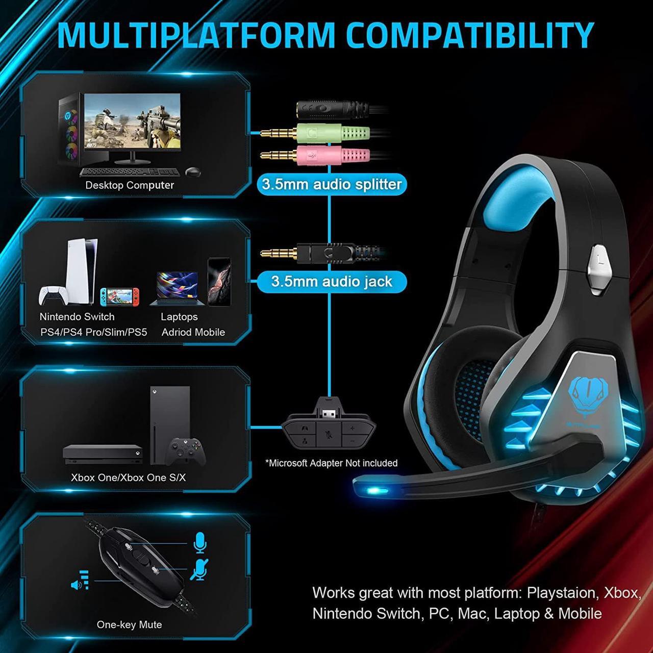 Alt view image 3 of 3 - Pacrate Gaming Headset with Microphone for PC Switch PS4 PS5 Headset Xbox One Headset Noise Cancelling Over Ear Headphones with Mic &LED Lights Deep Bass for Kids Adults Black Blue