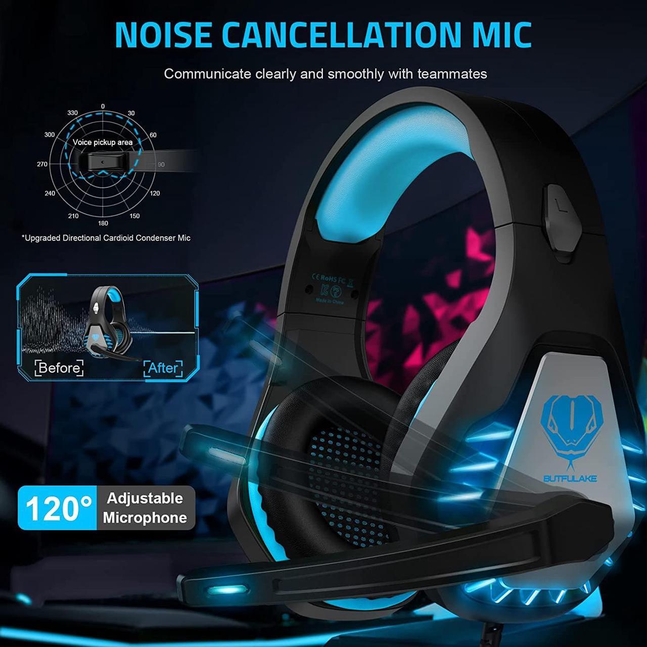 Alt view image 2 of 3 - Pacrate Gaming Headset with Microphone for PC Switch PS4 PS5 Headset Xbox One Headset Noise Cancelling Over Ear Headphones with Mic &LED Lights Deep Bass for Kids Adults Black Blue