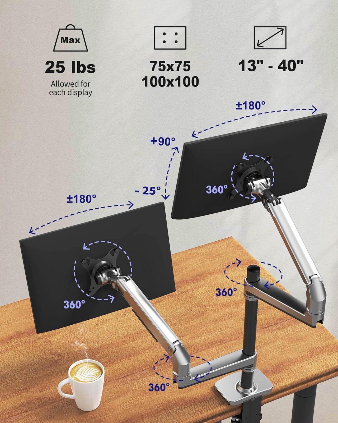 Alt view image 2 of 7 - Dual Monitor Stand for Desk, Vertical Dual Monitor Mount with Wide Range of Motion, Dual Monitor Arm for 17-40" Screen up to 25 lbs Each, Computer Monitor Stand for 2 monitors - Silver