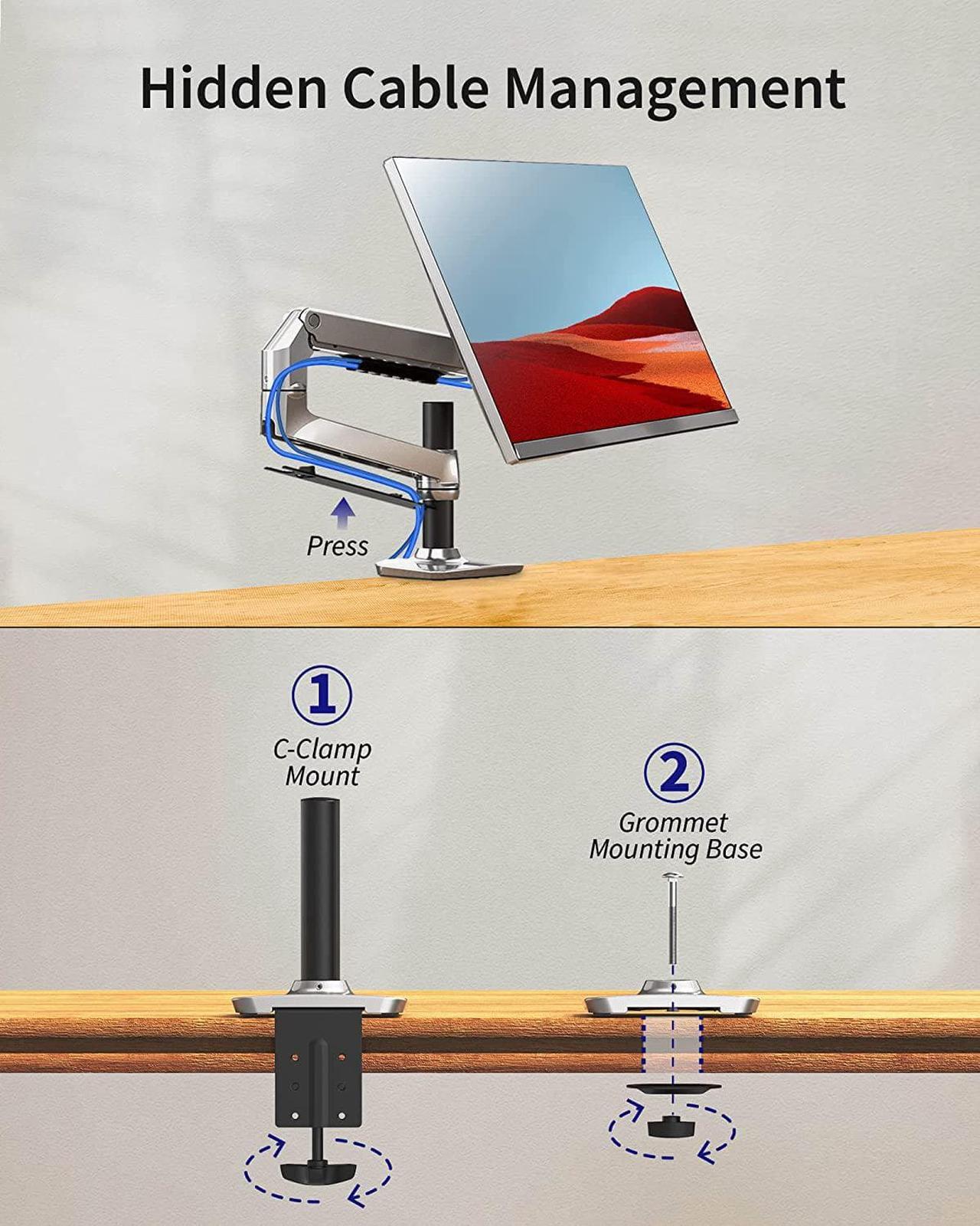 Alt view image 4 of 6 - Single Monitor Mount - Single Monitor Arm Desk Mount, Fully Adjustable Computer Monitor Mount for Screens up to 40 Inches within 25 lbs | C-Clamp and Grommet Base, Aluminum - Silver