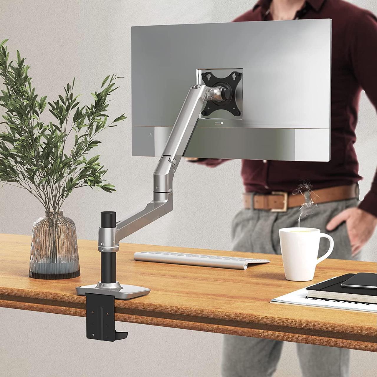 Alt view image 6 of 6 - Single Monitor Mount - Single Monitor Arm Desk Mount, Fully Adjustable Computer Monitor Mount for Screens up to 40 Inches within 25 lbs | C-Clamp and Grommet Base, Aluminum - Silver