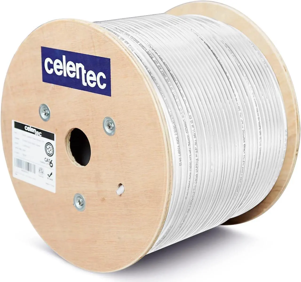 Main image of celertec CAT6 Outdoor Cable, 500ft, 23AWG Solid Bare Copper, Unshielded Twisted Pair (UTP), UV Resistant, Weatherproof, Waterproof, CMX, ETL Listed, 550MHz, Bulk Ethernet Cable, Wooden Spool- White