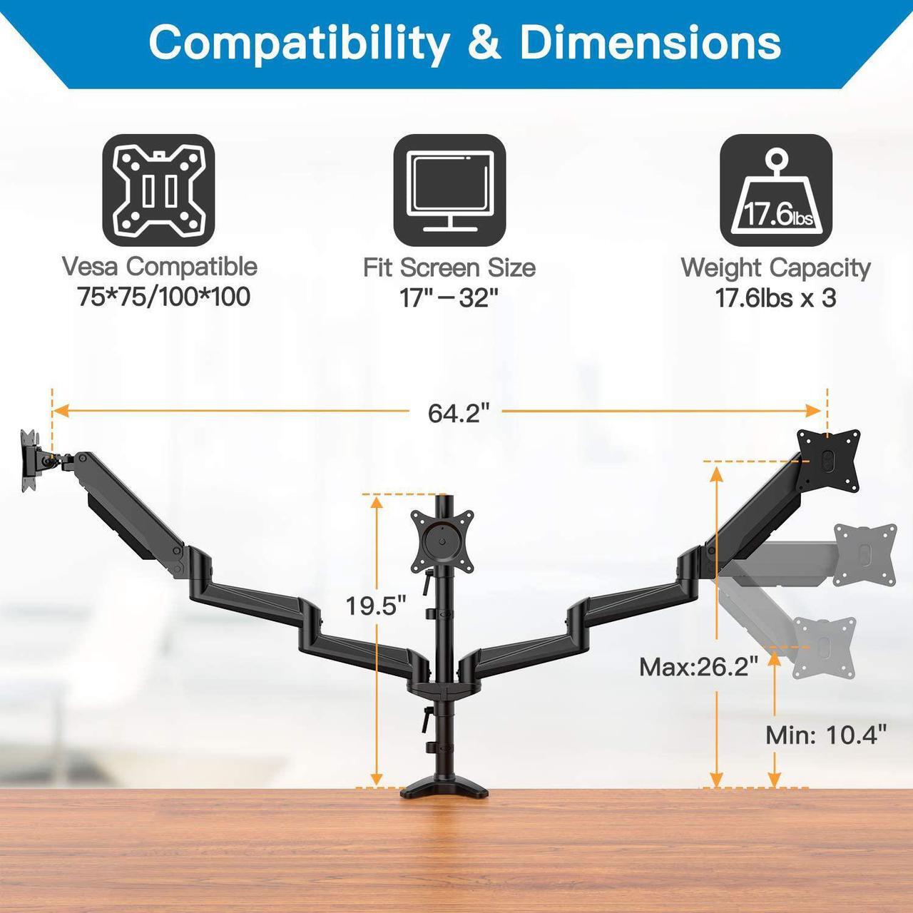 Alt view image 4 of 6 - HUANUO Triple Monitor Stand - Full Motion Articulating Aluminum Gas Spring Monitor Mount Fit Three 17 to 32 inch Flat/Curved LCD Computer Screens with Clamp, Grommet Kit, Black