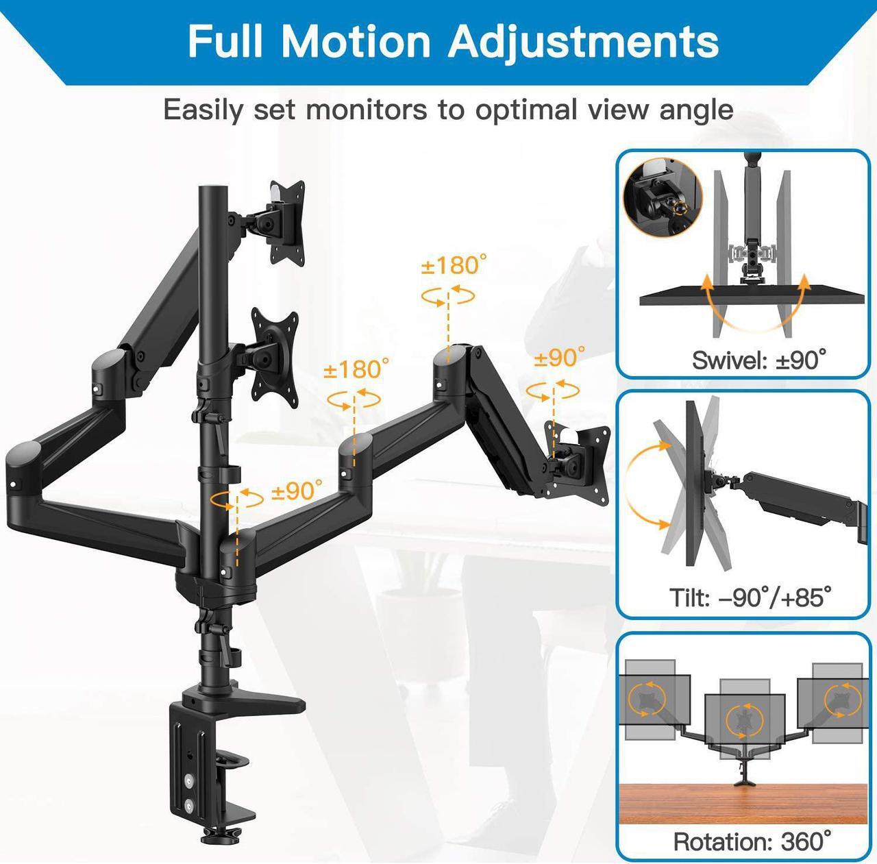 Alt view image 2 of 6 - HUANUO Triple Monitor Stand - Full Motion Articulating Aluminum Gas Spring Monitor Mount Fit Three 17 to 32 inch Flat/Curved LCD Computer Screens with Clamp, Grommet Kit, Black