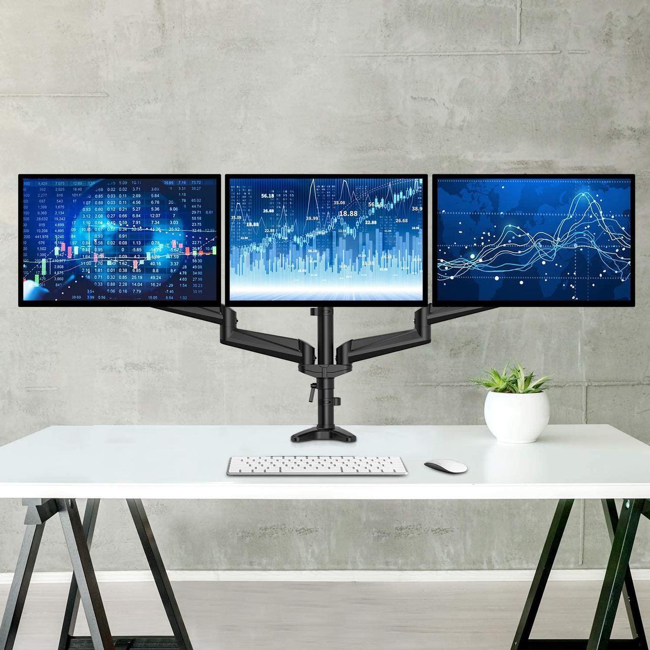 Alt view image 5 of 6 - HUANUO Triple Monitor Stand - Full Motion Articulating Aluminum Gas Spring Monitor Mount Fit Three 17 to 32 inch Flat/Curved LCD Computer Screens with Clamp, Grommet Kit, Black