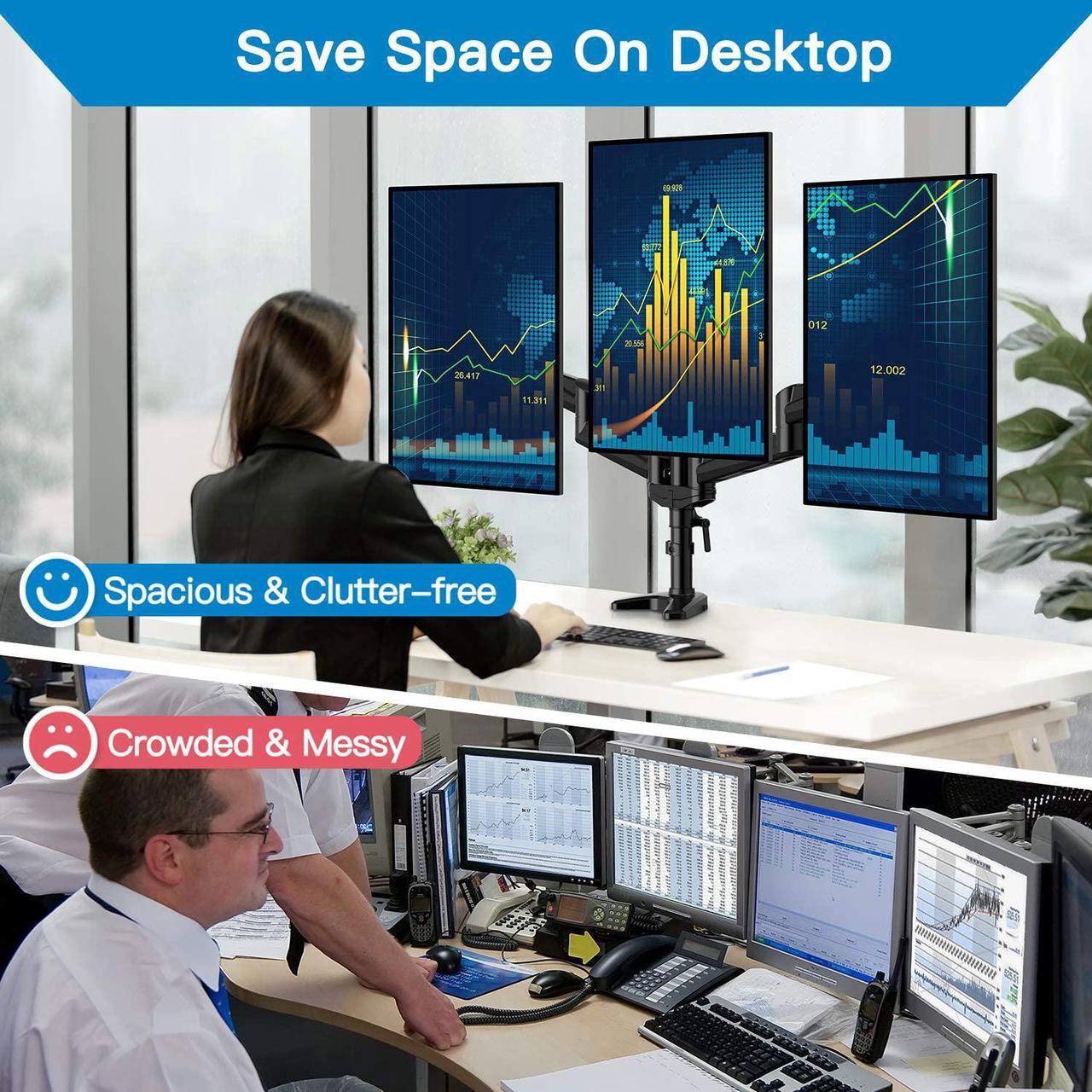 Alt view image 3 of 6 - HUANUO Triple Monitor Stand - Full Motion Articulating Aluminum Gas Spring Monitor Mount Fit Three 17 to 32 inch Flat/Curved LCD Computer Screens with Clamp, Grommet Kit, Black