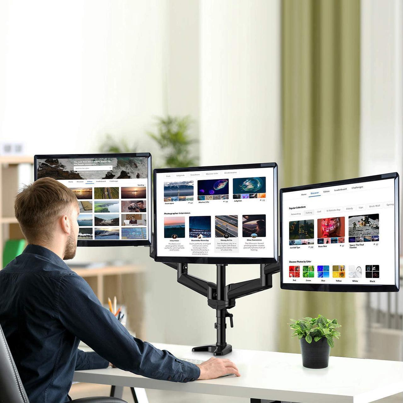 Alt view image 6 of 6 - HUANUO Triple Monitor Stand - Full Motion Articulating Aluminum Gas Spring Monitor Mount Fit Three 17 to 32 inch Flat/Curved LCD Computer Screens with Clamp, Grommet Kit, Black