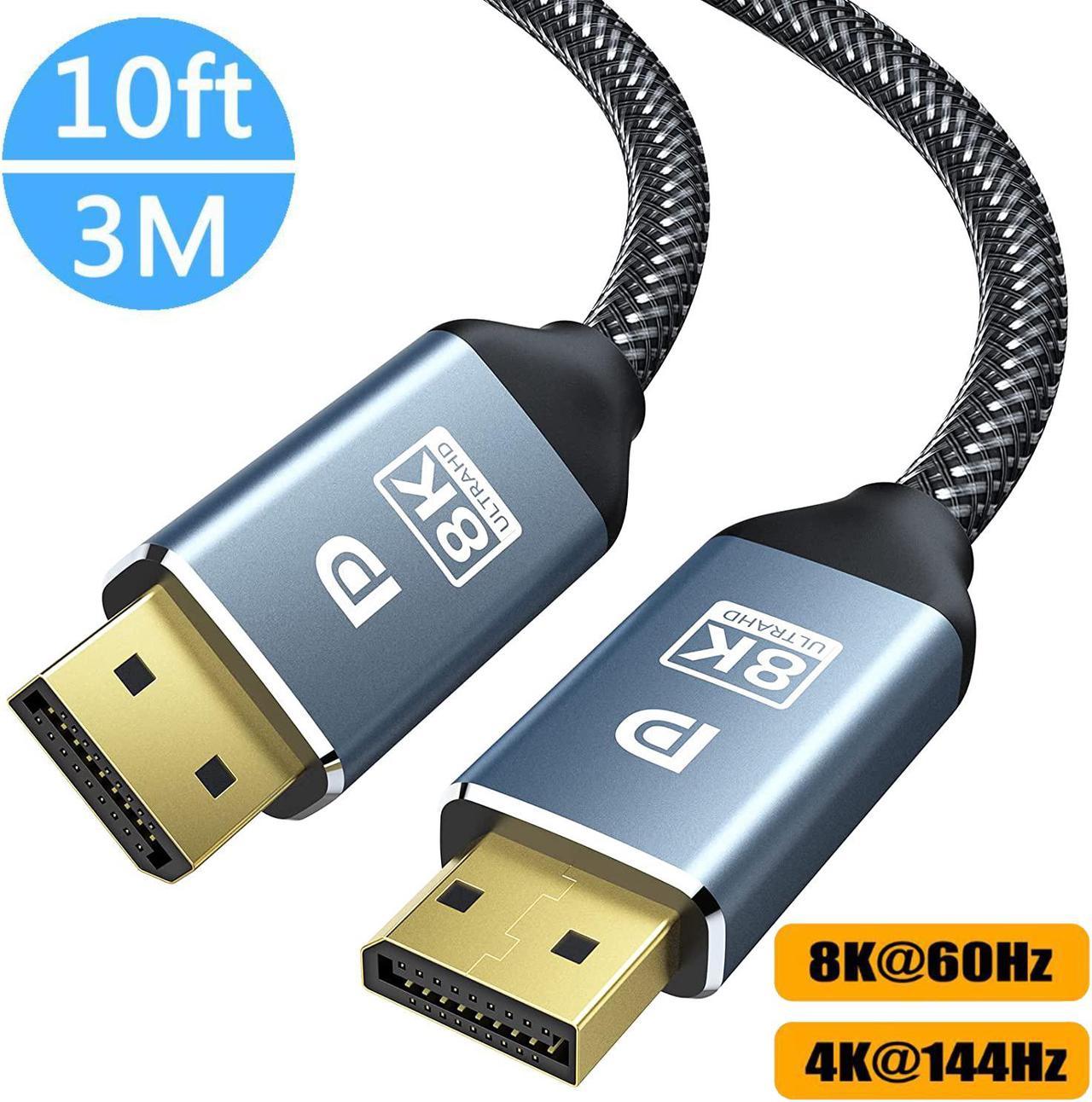 8K DisplayPort Cable 1.4, 8K DP Cable 10ft / 3M (8K@60Hz, 4K@144Hz, 2K@165Hz), Support FreeSync G-Sync, Nylon Braided 32.4Gbps Ultra High Speed DisplayPort Cable for PC, Monitor, TV etc.