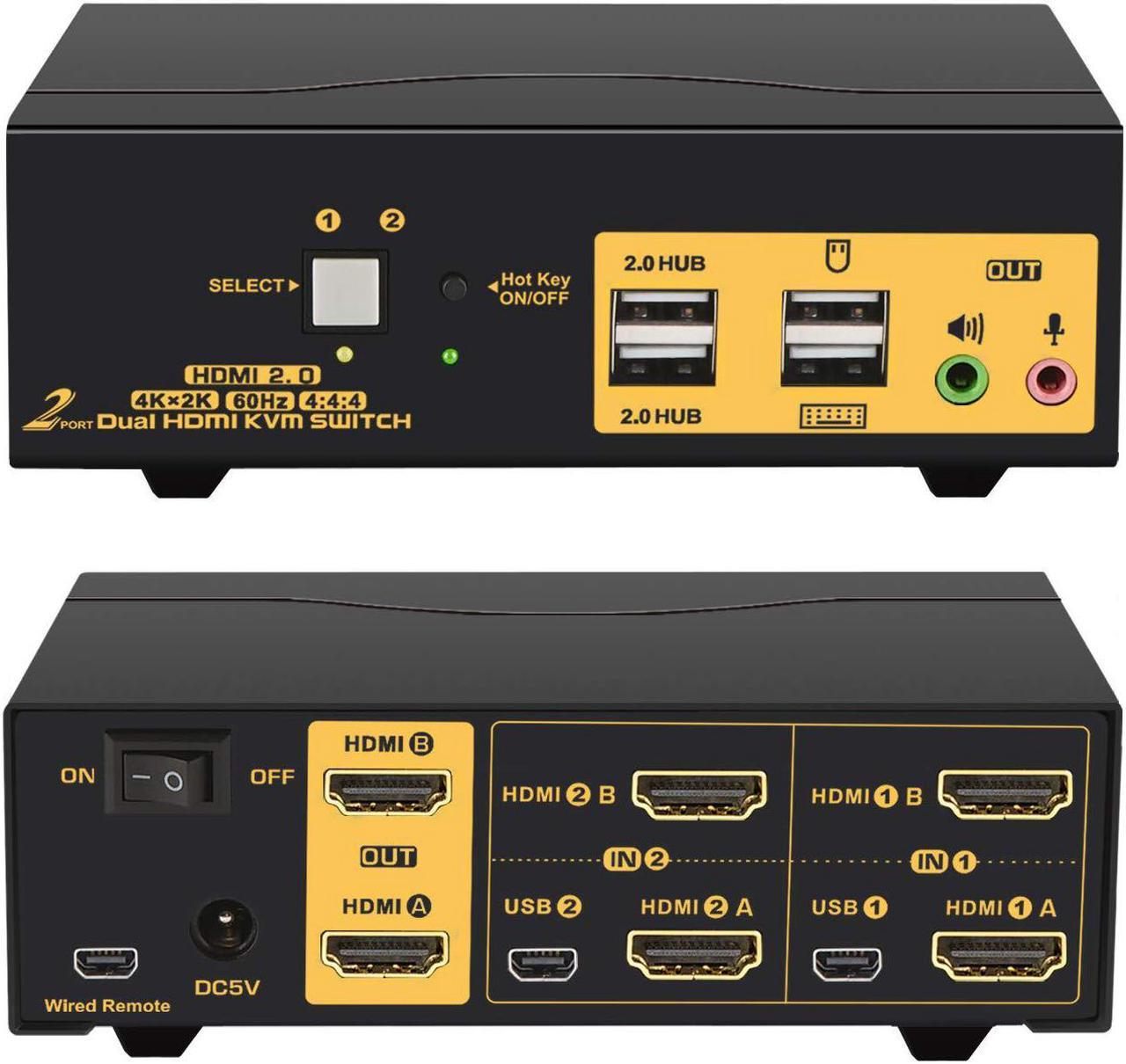 2 Port HDMI KVM Switch HDMI Dual Monitor 4K @60Hz YUV 4:4:4 with Audio Outputs, KVM Switch for 2 Computers 2 Monitors with USB 2.0 HUB and Cables