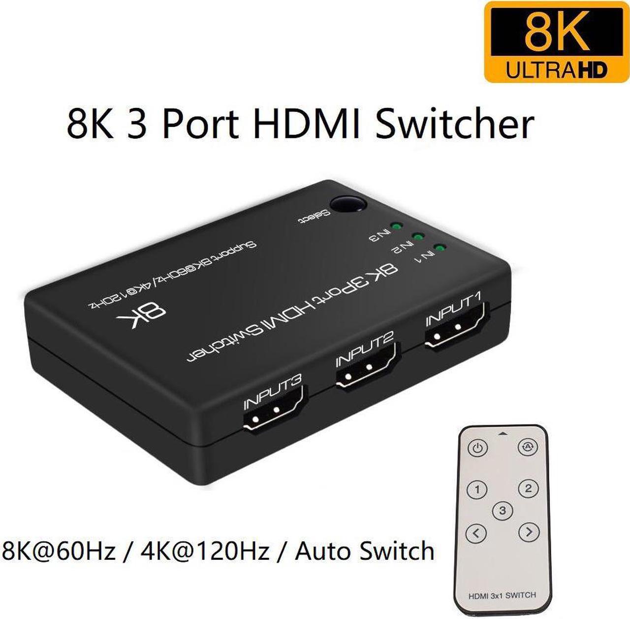 8K HDMI 2.1 3x1 HDMI Switcher for Computer Laptop 8K @60Hz 3 in 1 out HD 2160P Display HDMI Switch Spliter HDR 48Gbps HDCP2.3 for PS-5 XBOX Series X