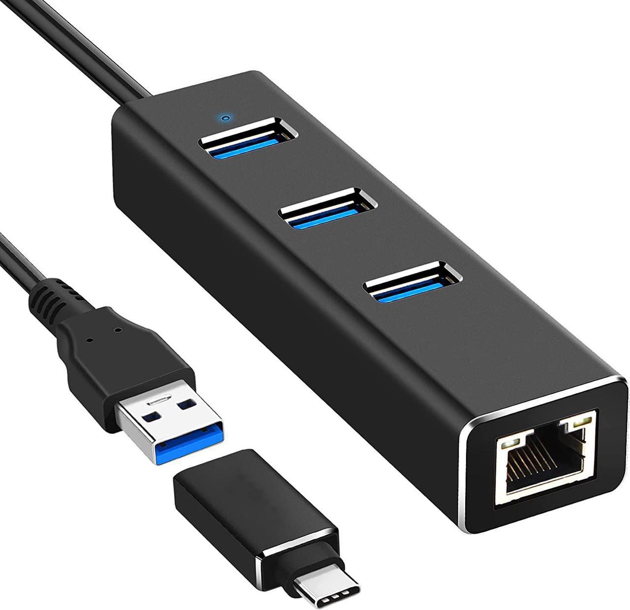 USB to Ethernet Adapter, Aluminum USB HUB with 3 USB 3.0 Ports and 1000Mbps RJ45 Gigabit Network LAN Port, USB HUB with Type C Adapter for Windows 7/8/8.1/10, Linux, Mac OS X, Vista,  PC, etc