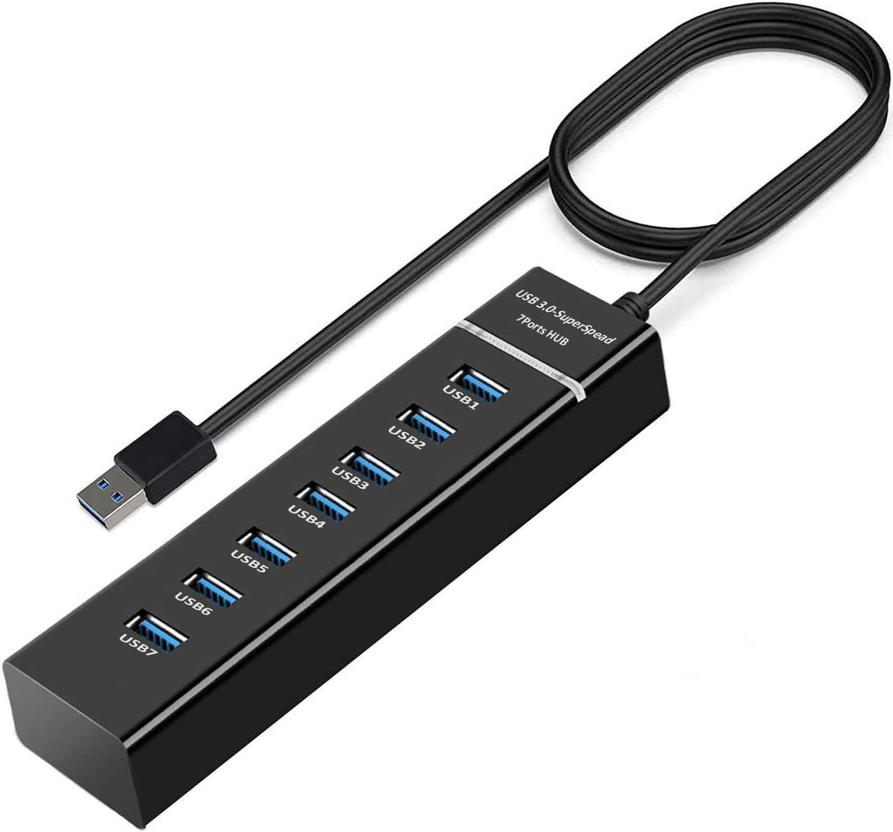 USB HUB 3.0, 7 Port USB HUB Splitter with LED Light and 1.2m Long Cable for Laptop,PC, Mac, Surface Pro and More USB Devices (Black)