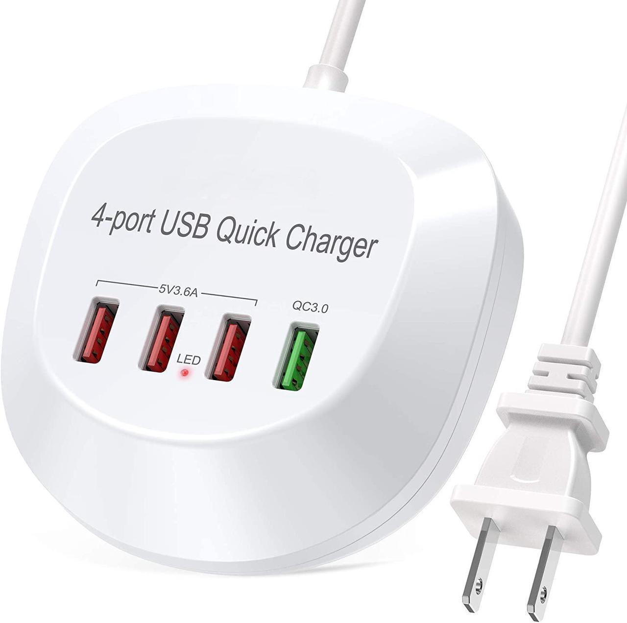 USB Charger Hub with Quick Charge 3.0, 4 USB Ports Portable Fast Charging Station for Multiple Devices, Compatible with iPhone iPad Galaxy for Home Office Nightstand Desktop, White