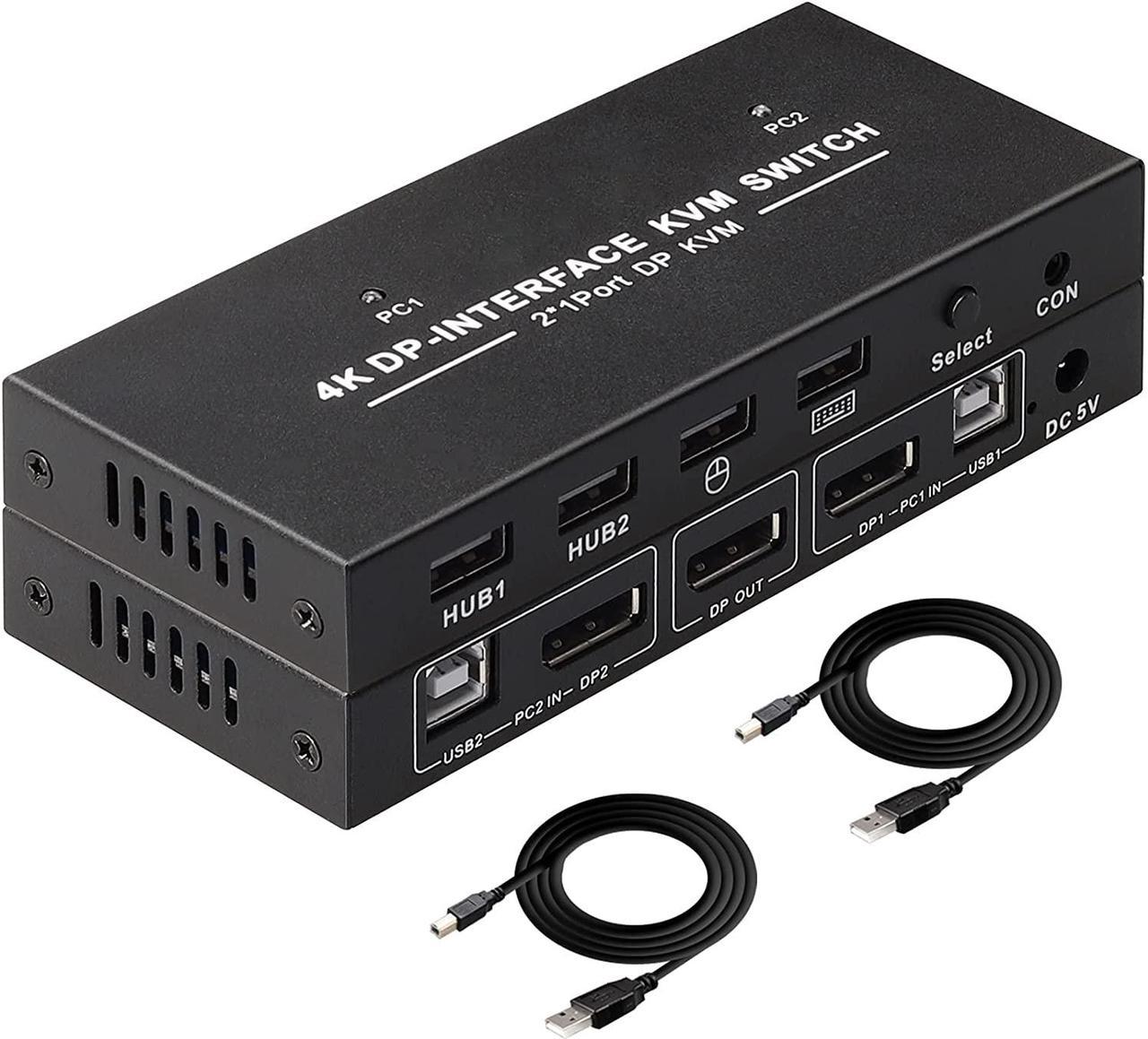 DisplayPort KVM Switch 2 Port 4K@60Hz 2 in 1 Out DP 1.2 and USB Switch for 2 Computers Share 1 Keyboard Mouse Monitor for Laptop, PC Supports with 4 USB 2.0 Ports, 2 USB KVM Cables 1.5m(5ft)